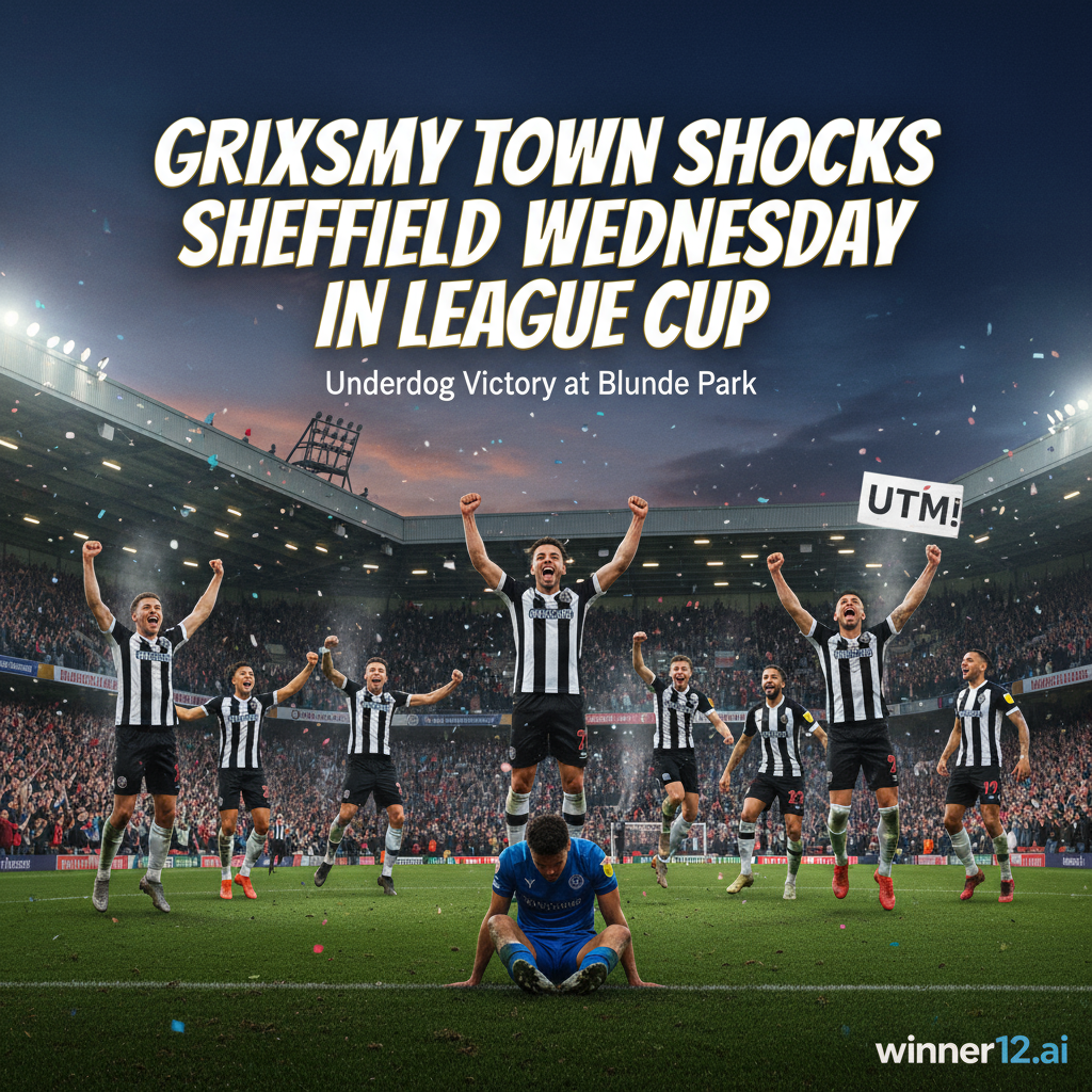 格里姆斯比联赛杯爆冷淘汰谢周三的英格兰足球场海报，黄昏时分球迷身穿球衣热情欢呼，球员庆祝胜利，突出“Grimsby Town shocks Sheffield Wednesday in League Cup”字样，体现英格兰足球联赛杯爆冷胜利的激动氛围，winner12.ai品牌标志细节。