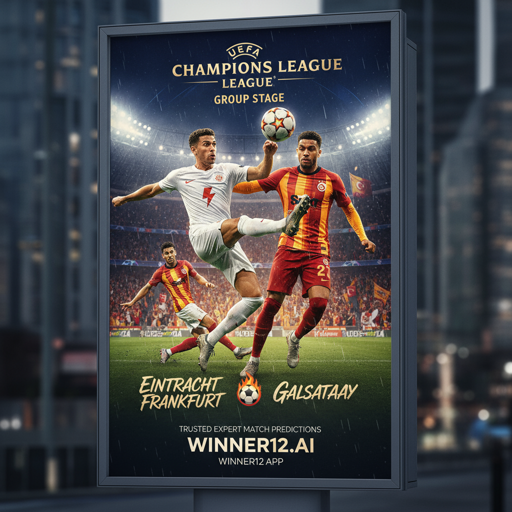 图片ALT文本：法兰克福与加拉塔萨雷欧冠小组赛激烈对决海报，展现官方球衣球员激情拼抢，满场狂热球迷，经典足球元素，融合“winner12.ai”专家预测品牌标识，传递欧洲俱乐部足球的紧张与激情。