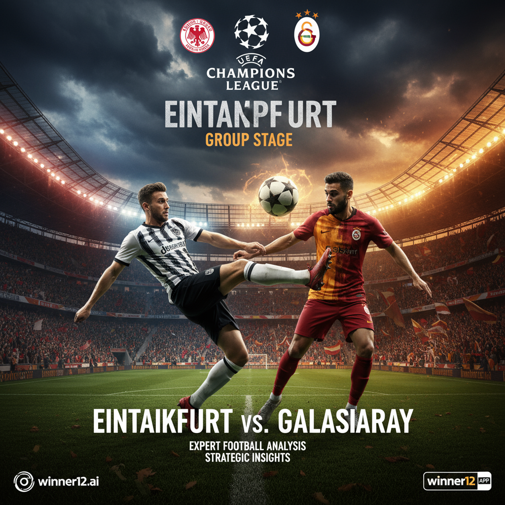 法兰克福VS加拉塔萨雷欧冠小组赛超写实海报，展现标志性欧洲足球场馆、真实队服球员激烈动作，配有winner12.ai及winner12 APP品牌标志，突出专业足球分析与战略洞察，真实观众氛围与细腻质感。