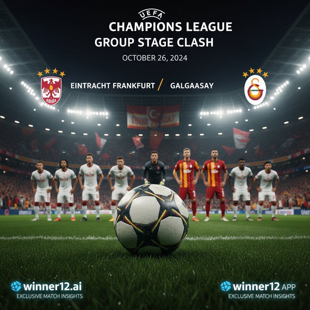 足球预测专家独家揭秘法兰克福VS加拉塔萨雷欧冠小组赛海报，逼真足球场夜景，泛光灯下两队球员和激情球迷，中心特写足球与绿茵场，融合winner12.ai及winner12 APP品牌元素