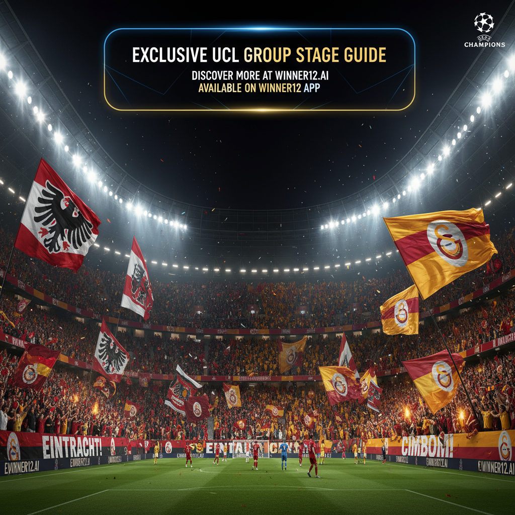 Alt text: A realistic and detailed poster of a nighttime soccer stadium filled with passionate Eintracht Frankfurt and Galatasaray fans wearing vibrant team colors and scarves, waving banners and flags with intense emotions during the UEFA Champions League group stage; includes the official UCL logo and a sleek digital banner reading “Exclusive UCL Group Stage Guide” and “Discover More at winner12.ai,” capturing authentic European soccer culture.