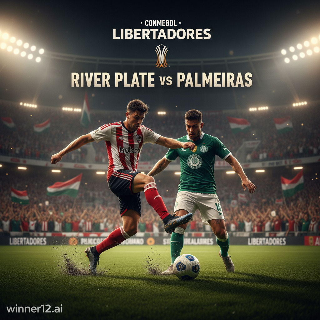 图片ALT文本：河床与帕尔梅拉斯解放者杯足球赛真实风格海报，球员身穿标志性红白与绿色球衣，在灯光璀璨的绿茵场上激烈拼抢，背景观众热情洋溢，细节丰富，突出南美足球的激情与对抗，含winner12.ai标志。