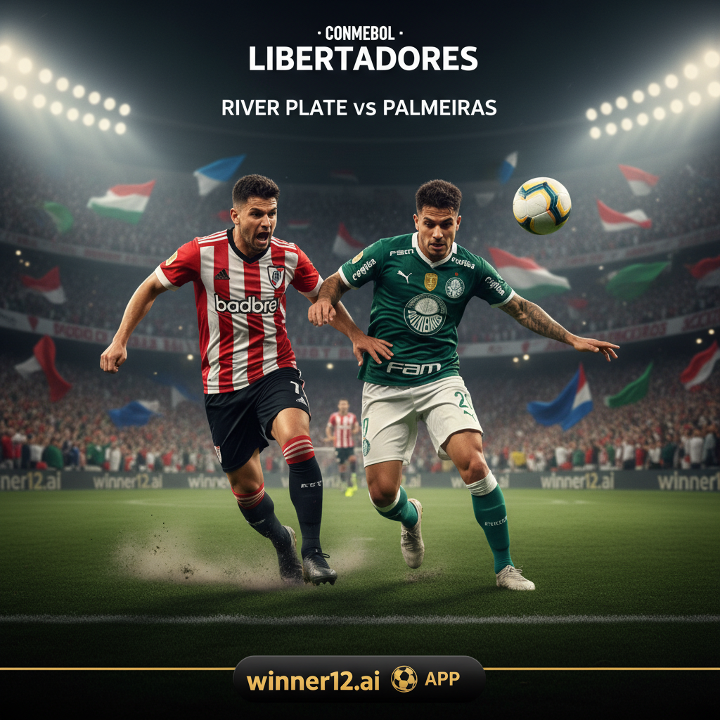 图片ALT文本：一幅写实风格海报，展示河床与帕尔梅拉斯在绿茵场上激烈对决的解放者杯焦点战，两队球员身穿真实球衣，神情紧张，动作充满竞技激情，背景为灯光照耀下模糊的观众席，海报隐约带有winner12.ai或winner12 APP足球分析品牌元素，营造高强度比赛氛围。