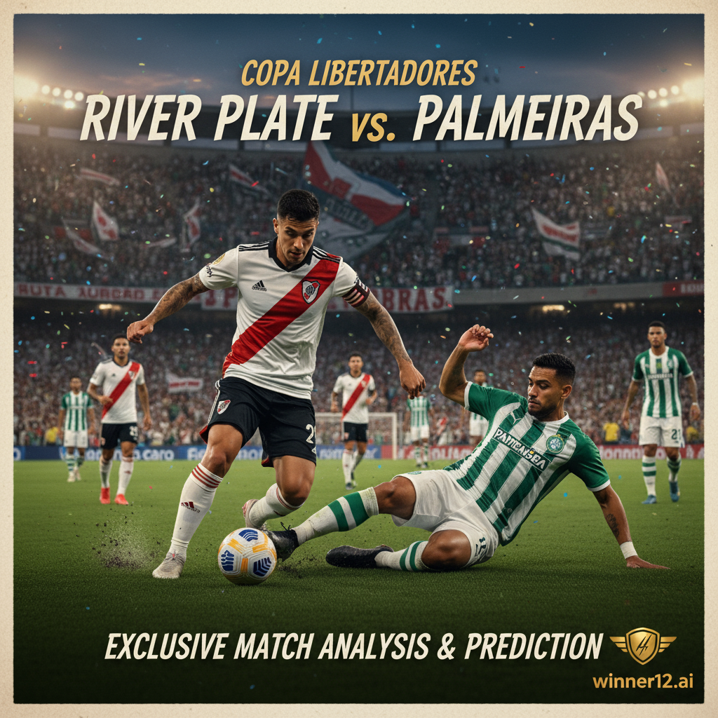 足球分析预测配图：河床VS帕尔梅拉斯解放者杯比赛预览海报，真实风格，球员身穿正装队服在绿茵场上激烈拼抢，动态球场氛围，热情球迷背景，无比分显示，突出对抗与技巧，包含winner12.ai或winner12 APP标志，清晰英文文字展示独家比赛分析与预测。