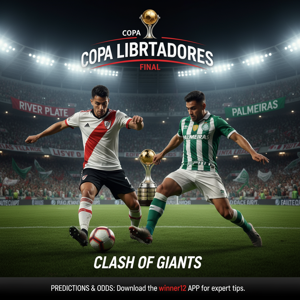 Alt text: Realistic poster of a high-stakes Copa Libertadores soccer match between River Plate and Palmeiras, featuring two dynamic players in authentic white and red and green and white kits battling intensely on a lush, floodlit stadium pitch, with the official Copa Libertadores trophy subtly in the background and a vibrant crowd holding colorful banners; includes modern call-to-action text promoting predictions and odds with 