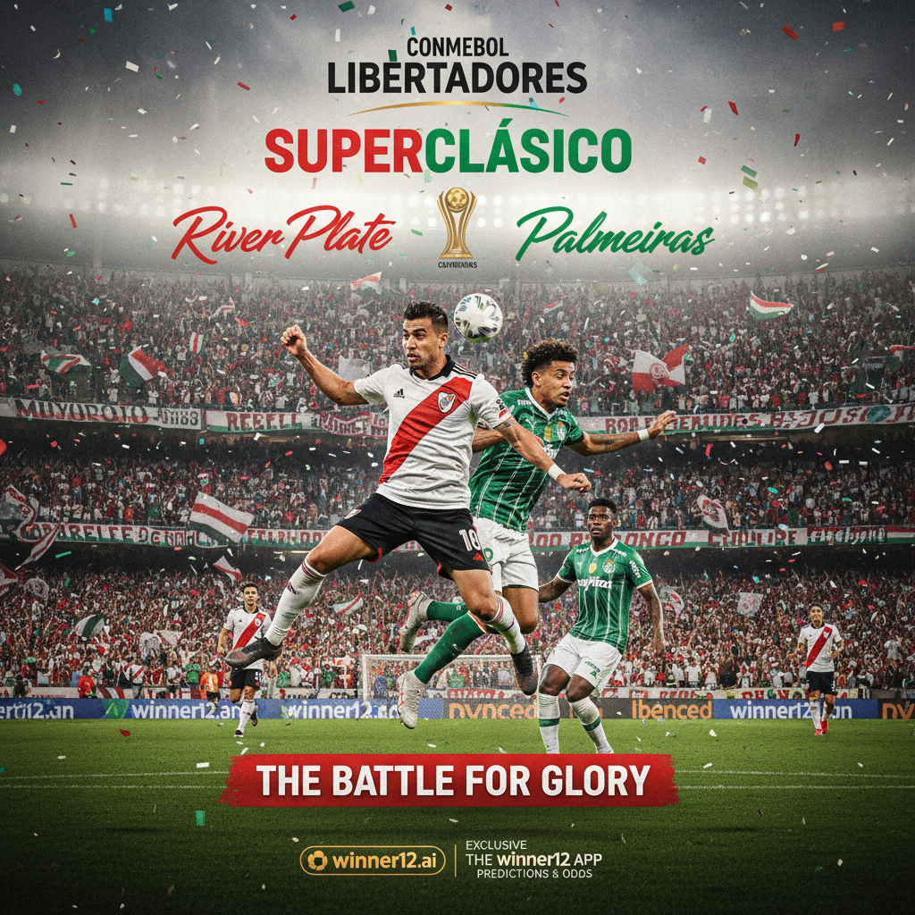ALT text: Realistic poster of intense Copa Libertadores soccer match between River Plate and Palmeiras, featuring players in authentic kits on a vibrant green pitch under stadium lights, surrounded by passionate fans and dynamic stadium atmosphere, with subtle Winner12.ai branding for expert football predictions and odds.