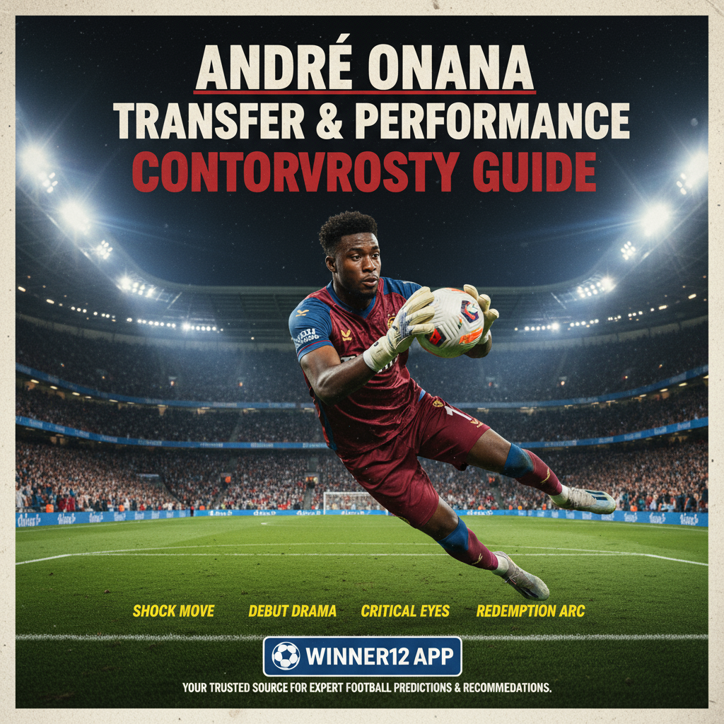 图片ALT文本：安德烈·奥纳纳身穿特拉布宗门将球衣，在英格兰足球职业体育场内激烈扑救瞬间，背景为热情观众和灯光，突出其转会及表现争议，配有“安德烈·奥纳纳转会特拉布宗门将表现争议完整指南”字样及winner12.ai标识，体现专业足球预测推荐。