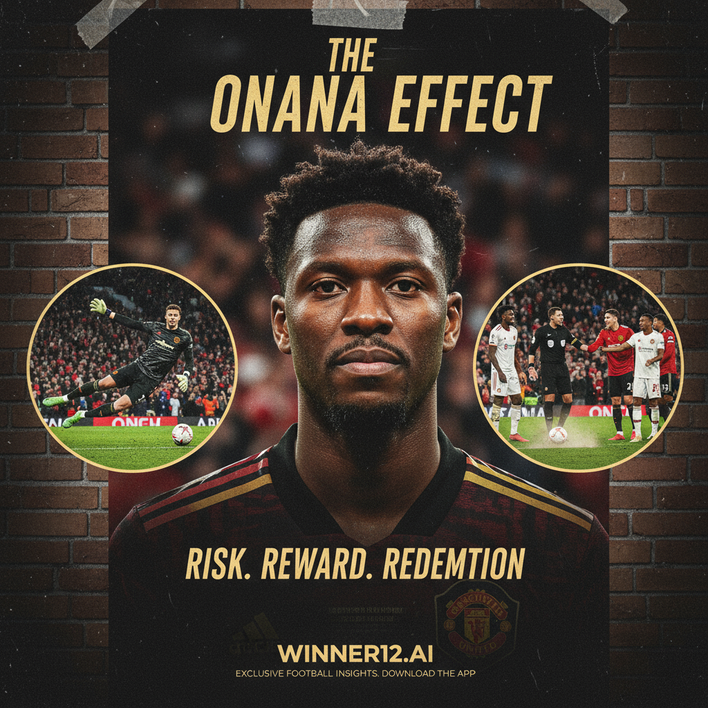 图片ALT文本：安德烈·奥纳纳身穿完整守门员装备，在英格兰足球比赛中做出精彩扑救和争议动作的真实写实海报，背景为专业足球场，展现比赛激烈瞬间，画面动态且富有激情，含winner12.ai独家足球预测品牌元素。