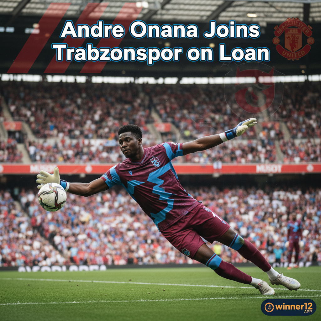 Alt text: Realistic poster of Andre Onana in Trabzonspor goalkeeper kit with club badge and colors, action pose on soccer pitch with stadium background under daylight, subtle faded Manchester United elements in background, modern text overlay reading “Andre Onana Joins Trabzonspor on Loan,” small “winner12.ai” logo in corner, emphasizing English soccer atmosphere.