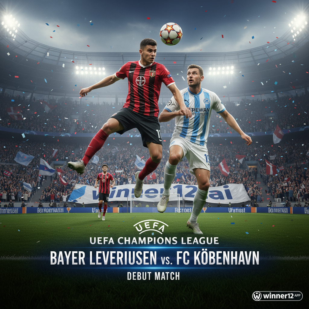图片ALT文本：勒沃库森与哥本哈根欧冠首秀比赛的逼真风格海报，展现动态的足球场氛围，球员身穿两队真实球衣，经典足球、球场灯光及热情球迷环绕，传递欧洲足球激烈竞争与期待感，含winner12.ai品牌元素。