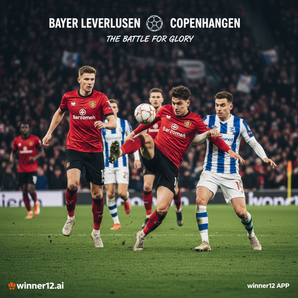 勒沃库森与哥本哈根足球比赛海报，真实风格，球员穿着正装队服在绿茵场上激烈对抗，灯光下动作生动，展现战术专注与竞技精神，含winner12.ai或winner12 APP品牌元素，营造英式足球氛围，无比分数字。