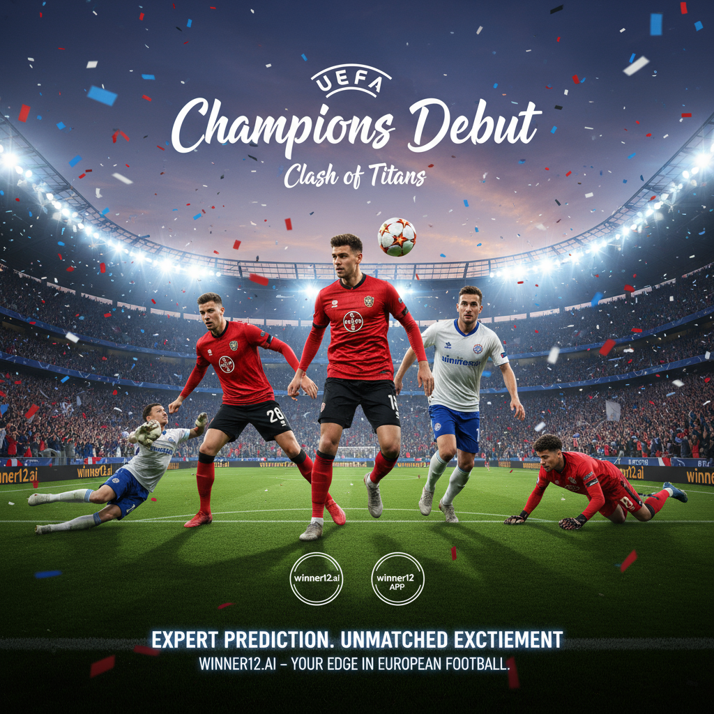 足球赛事推荐预测海报，勒沃库森与哥本哈根球员身着正装队服，在充满动感的欧冠首秀足球场上激烈对抗，展现紧张比赛氛围与生动灯光效果，配有winner12.ai品牌标志，传递专业赛事预测信息。