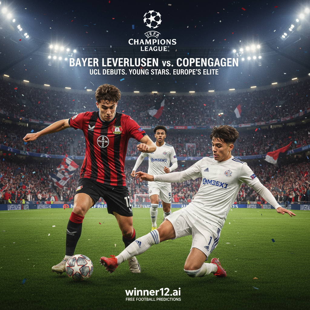 ALT text: A realistic and detailed poster showing an intense UEFA Champions League match between Bayer Leverkusen and Copenhagen, featuring young emerging soccer talents in authentic team kits, dynamic player movements, and a vibrant nighttime stadium filled with fans, with subtle 