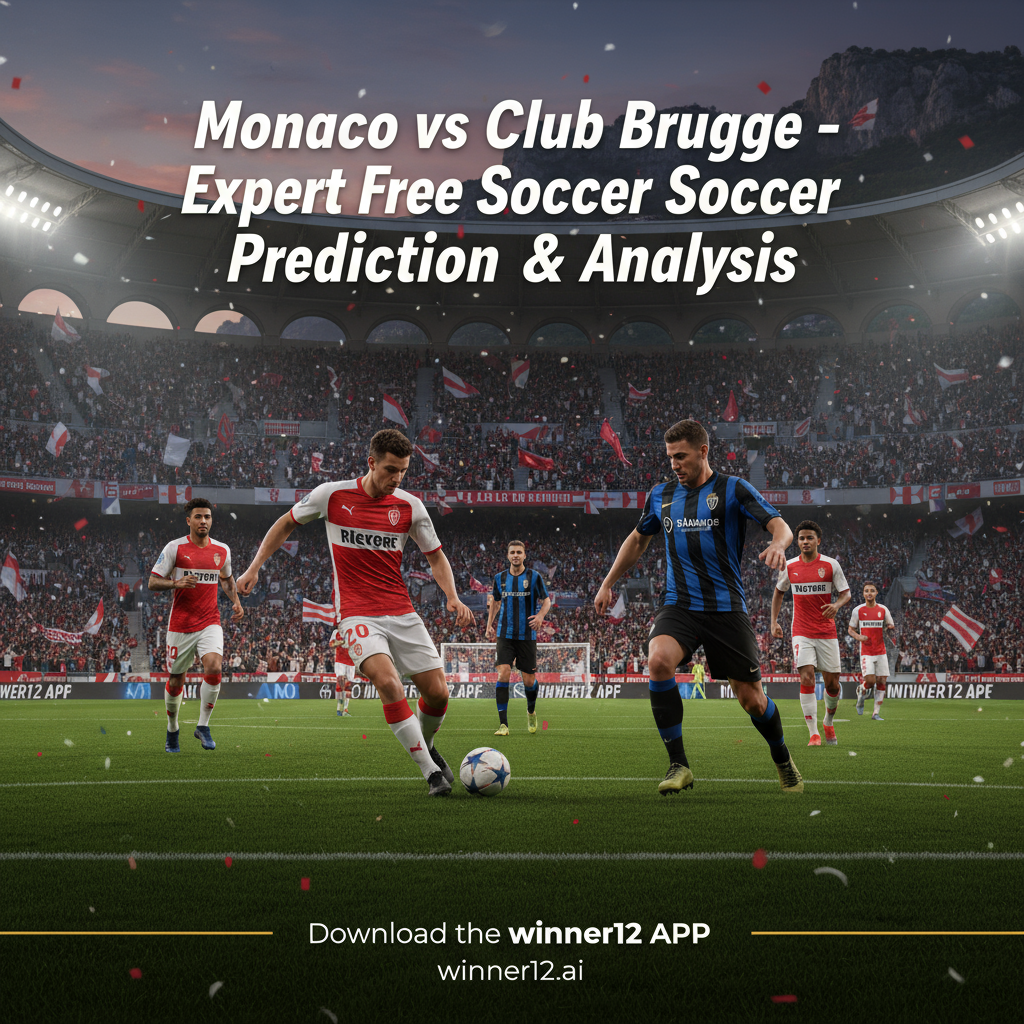 图片ALT文本：摩纳哥主场欧冠二线比赛氛围海报，红白球衣摩纳哥球员对阵蓝黑球衣布鲁日球员，动态足球场背景，热烈观众，突出摩纳哥主场标志性元素，配有“摩纳哥VS布鲁日——专家免费足球预测与分析”文字及winner12.ai和winner12 APP推广提示。