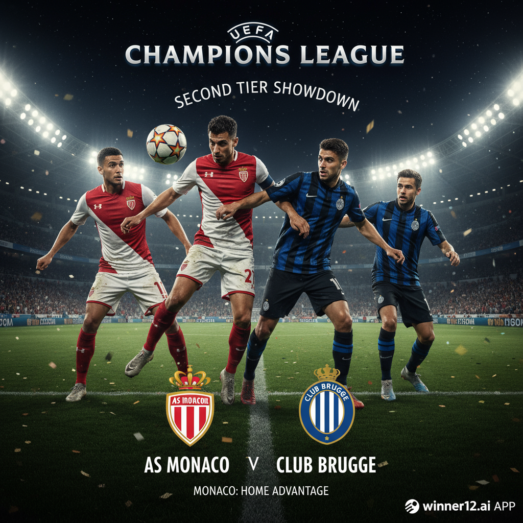 ALT文本：摩纳哥主场夜晚灯光下的真实足球比赛海报，展示摩纳哥与布鲁日欧冠二线强队对决，球员身穿正宗球衣，动作激烈，背景为充满活力的体育场，体现欧洲俱乐部足球的激情与竞争，带有winner12.ai品牌标识。