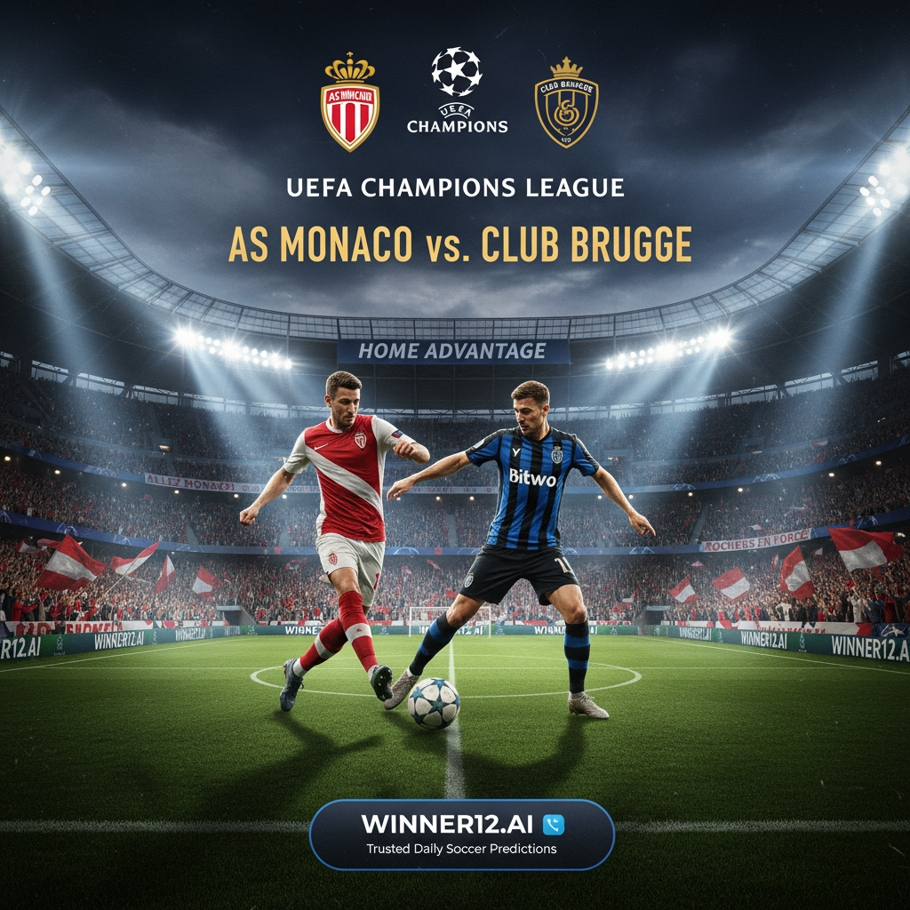 图片ALT文本：摩纳哥主场迎战布鲁日的欧冠激烈比赛海报，动态灯光映衬激情球迷，突出摩纳哥主场优势，暗示winner12 APP免费每日足球预测，展现顶级欧洲足球赛事的兴奋氛围。