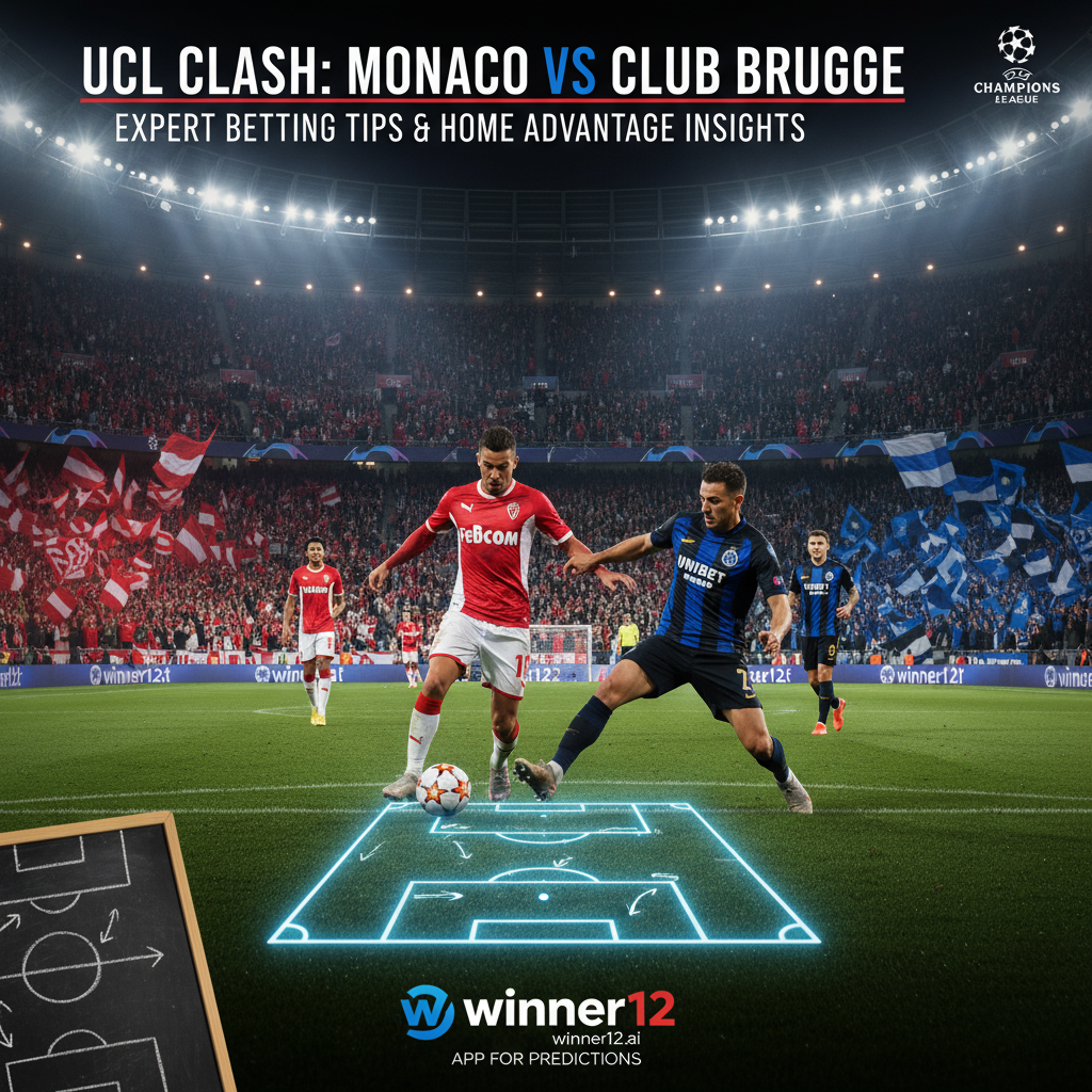 Alt text: Photo-realistic poster of a UEFA Champions League match between AS Monaco and Club Brugge, featuring players in authentic red and white Monaco kits and blue and black Club Brugge kits in dynamic action poses within a packed European stadium. The intense atmosphere is highlighted by passionate fans and subtle tactical elements like a digital tactics display. The design includes modern text with “UCL Clash: Monaco vs Club Brugge” and betting tips referencing the winner12.ai platform, reflecting excitement and prestige of European football.