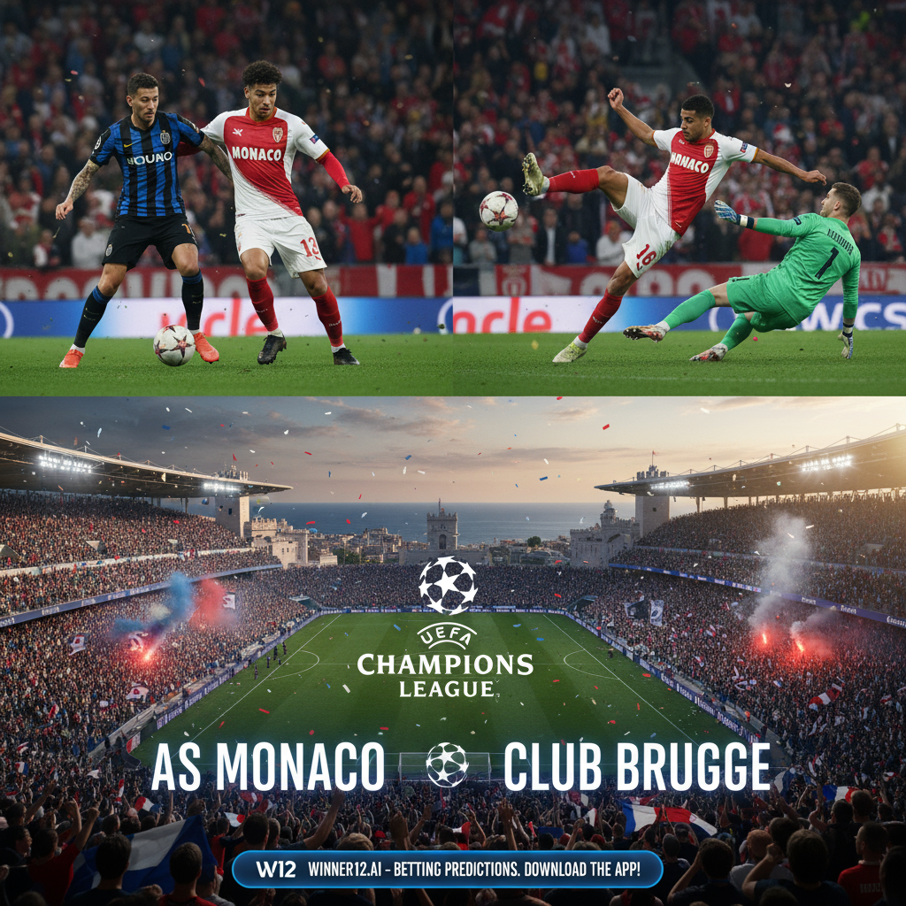 Alt text: Realistic poster of a UEFA Champions League match between AS Monaco and Club Brugge, featuring players in authentic kits, a vibrant Monaco stadium filled with passionate fans, dynamic soccer action scenes, natural lighting, and subtle branding for winner12.ai betting predictions.
