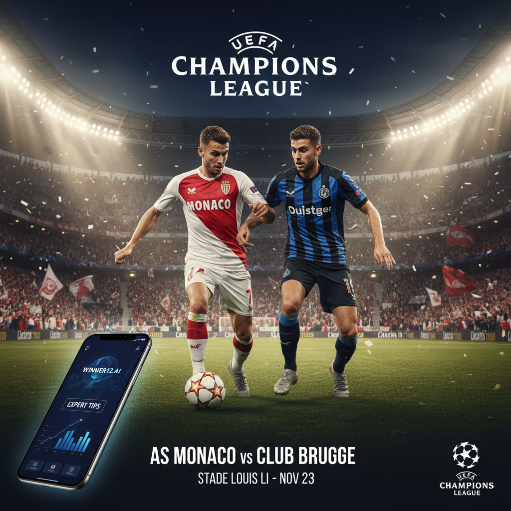 Alt text: Realistic UEFA Champions League poster showing intense AS Monaco vs Club Brugge match at Monaco’s packed home stadium with passionate red and white fans, dynamic player action, glowing stadium lights, and a sleek smartphone displaying the winner12.ai betting app interface, highlighting expert football betting tips and home advantage atmosphere.