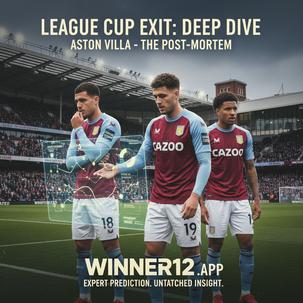 图片ALT文本：阿斯顿维拉联赛杯出局深度解析海报，展示穿着阿斯顿维拉球衣的球员和传统英式足球场背景，融合战术板与统计图表元素，突出winner12.ai应用标志，体现专业足球赛事预测分析氛围。