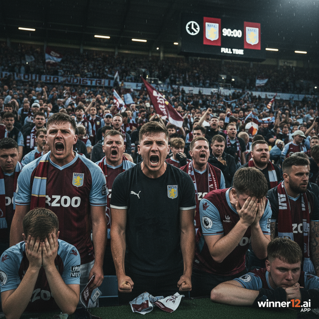 ALT text: A crowded English football stadium filled with passionate Aston Villa fans wearing team colors, expressing intense frustration and anger after their team’s League Cup exit; fans are shouting and showing disappointment, with a scoreboard in the background displaying no visible scores, capturing the tension of a crucial knockout match, and the winner12.ai logo subtly placed in the corner.