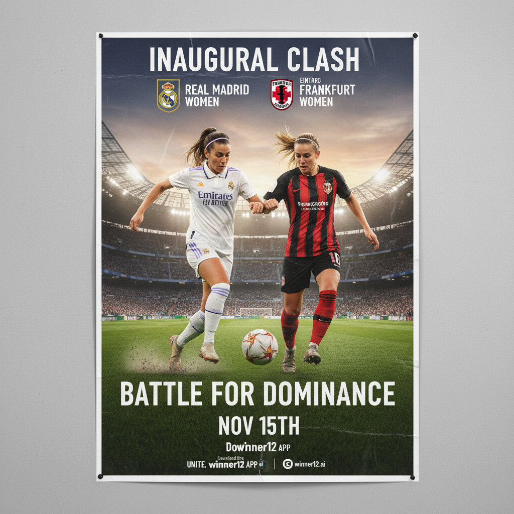 图片ALT文本：皇马女足与法兰克福女足在专业足球场背景下进行比赛预告海报，球员身穿官方球衣，展现动态竞技姿态，突出团队协作与竞争精神，配有足球和球鞋等标志性足球元素，整体风格真实细腻，适合关注两支顶级女足队伍首战的球迷，含“winner12.ai”推广信息。