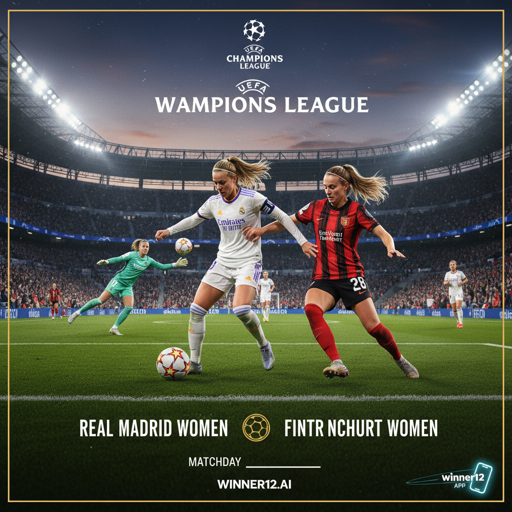 皇马女足与法兰克福女足欧冠首战海报，真实细腻展现女足球员在绿茵场上激情拼搏，身着正统球队战袍，灯光下动态运球传球瞬间，融入winner12.ai品牌元素，体现英式足球文化风格