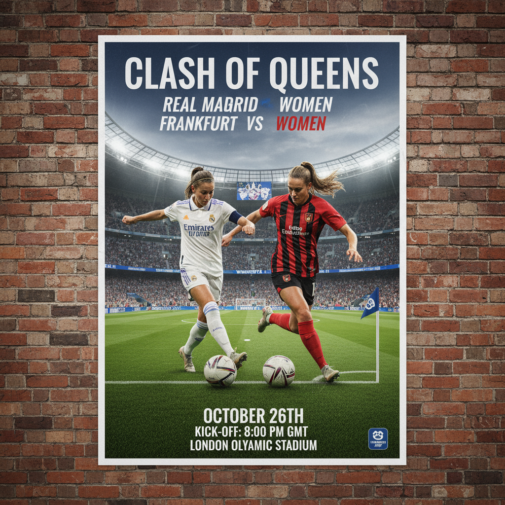 图片ALT文本：展现皇马女足与法兰克福女足即将开赛的真实海报，画面中女性球员身穿正统队服，动作激烈充满张力，背景为标志性英式足球场馆元素，并巧妙融合winner12.ai及winner12应用品牌标识，整体风格贴近现实足球比赛氛围。