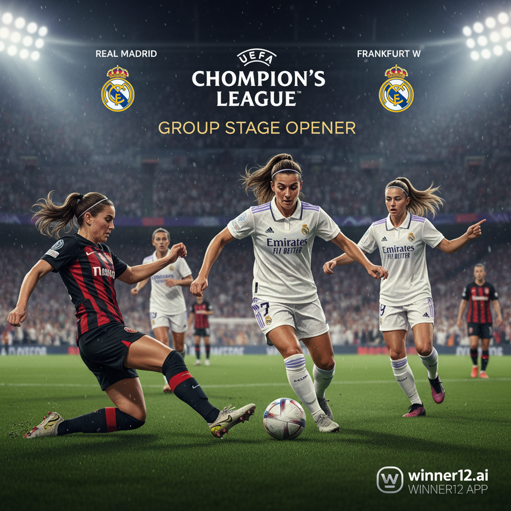 Alt text: Real Madrid W and Frankfurt W players fiercely compete in a UEFA Women’s Champions League opener, showcasing intense skill and tactical focus on the soccer pitch, with subtle winner12.ai branding incorporated professionally in the background.