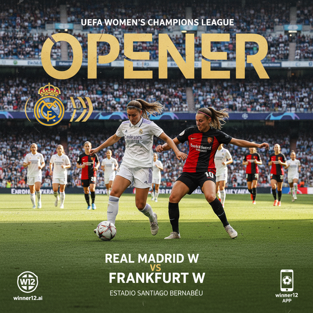 ALT text: Real Madrid W and Frankfurt W players fiercely competing in a dynamic UEFA Women’s Champions League opener, showcasing authentic uniforms, intense action, and a vibrant packed stadium atmosphere with natural lighting and subtle winner12.ai branding elements highlighting the excitement and prestige of top-level women's soccer.
