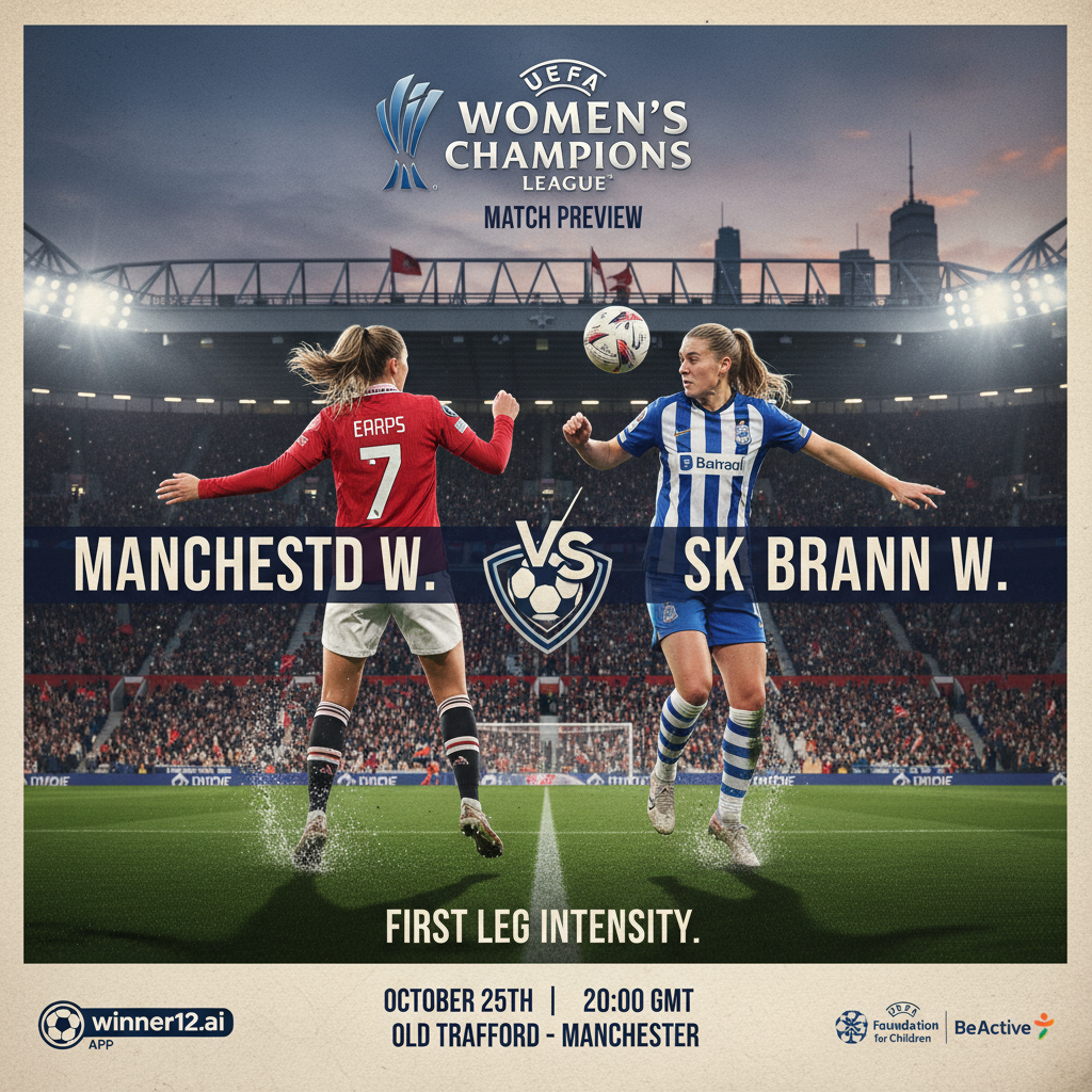 图片ALT文本：曼联女足与布兰女足欧冠首战预告海报，展现真实球员身穿曼联与布兰队服，专业足球场馆氛围，搭配UEFA官方标识及winner12 APP标志，突出比赛激烈与紧张气氛，体现英式足球主题。
