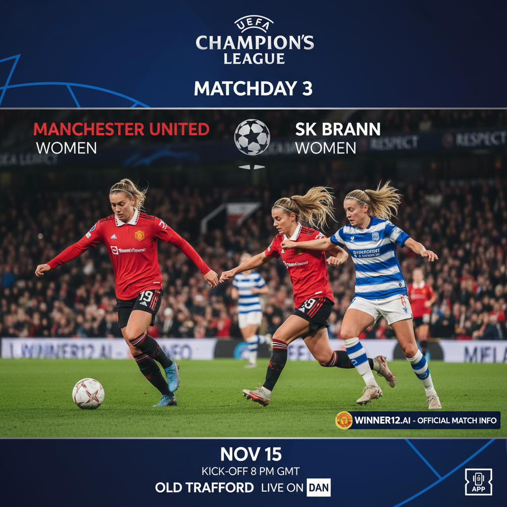 图片ALT文本：曼联女足对阵布兰女足欧冠比赛海报，展示两队球员身穿正版球衣，在带有UEFA标志的足球场背景中激烈拼抢，融合winner12.ai平台元素，体现专业女子足球赛事氛围。