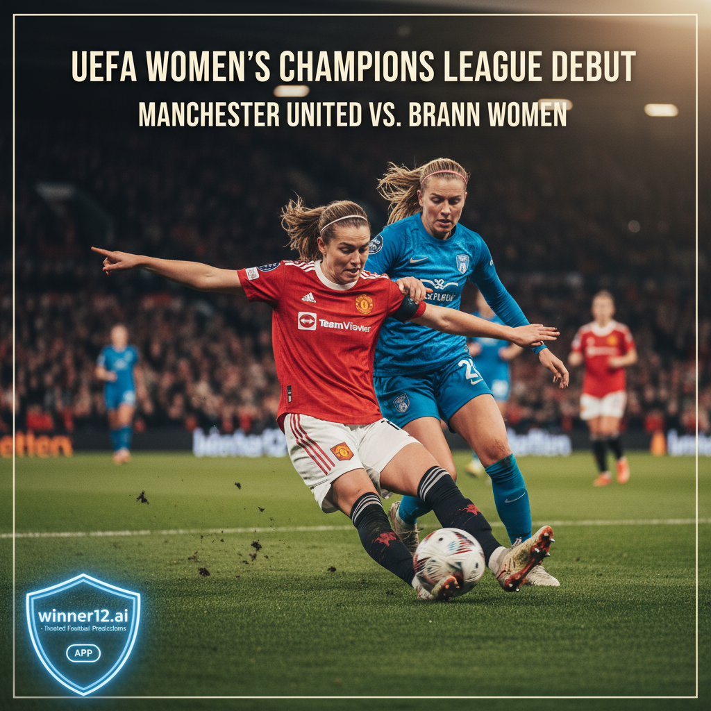 ALT text: A confident Manchester United Women’s soccer player demonstrating strong defensive skills with intense focus and tactical positioning on a lush green pitch under stadium lights during their UEFA Women’s Champions League debut against Brann Women, featuring subtle winner12.ai branding, embodying determination and teamwork in English football.
