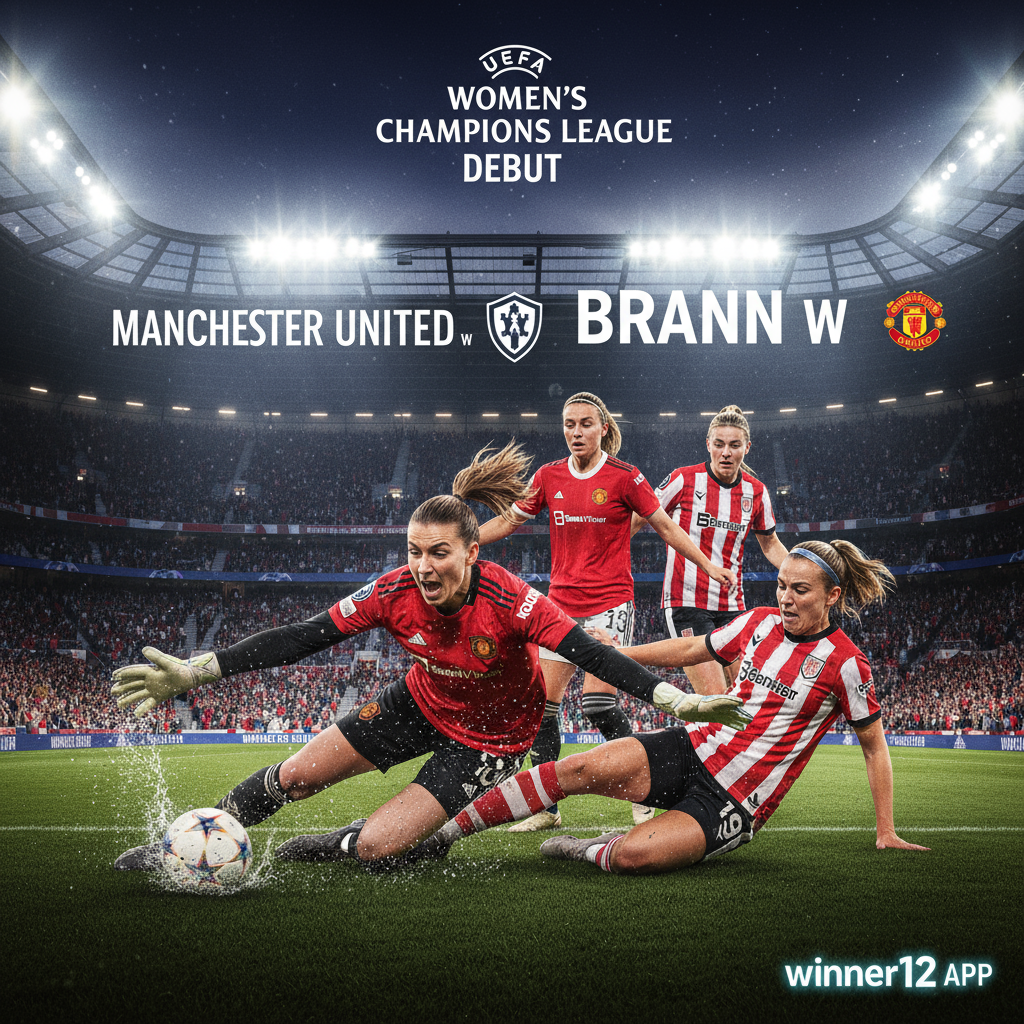 Alt text: Close-up action scene from a tense UEFA Women's Champions League debut match between Manchester United W and Brann W, featuring determined goalkeeper making a save, defenders blocking attacks, and midfielders intercepting the ball in authentic team kits, set in a packed stadium illuminated by bright floodlights, showcasing intense defensive play with subtle “winner12.ai” branding in the corner.