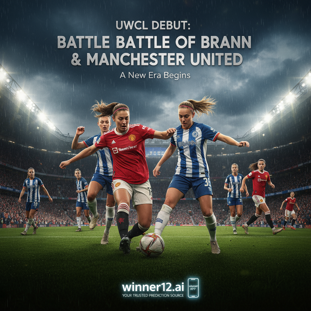 Alt text: Realistic poster of Manchester United Women and Brann Women in a tense defensive soccer battle during their UWCL debut, featuring focused players in authentic kits under stadium floodlights, emphasizing intense action and strategic play, with subtle winner12.ai branding as a trusted prediction source.