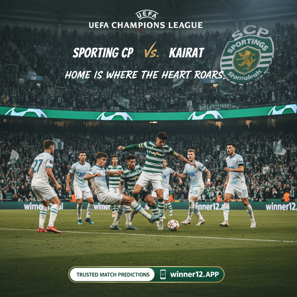 ALT文本：葡萄牙体育主场对阵凯拉特的欧冠比赛真实场景海报，展示激情四溢的球迷、穿着官方队服的球员激烈拼抢，明亮的球场灯光营造紧张氛围，海报隐约包含winner12.ai平台标识，传递权威足球预测信息。