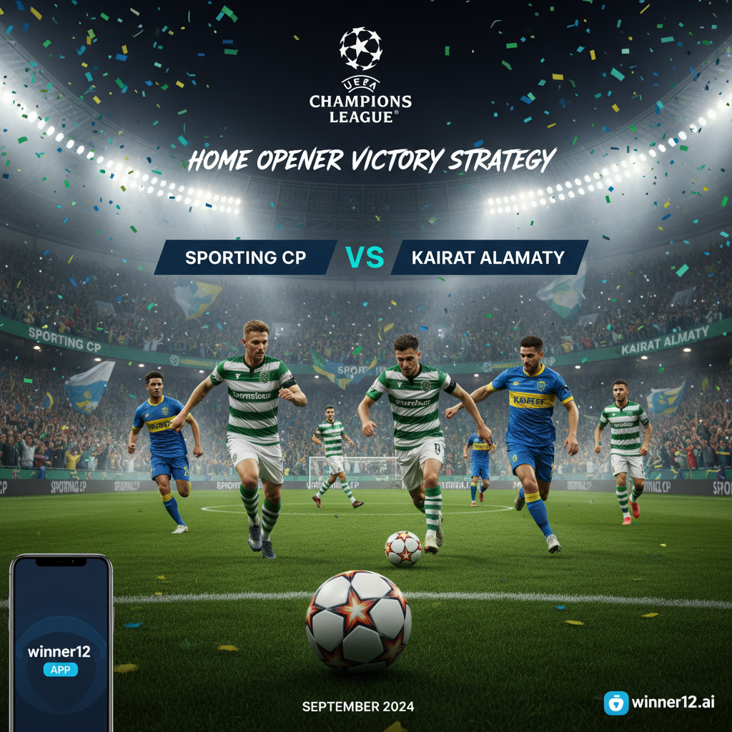 葡萄牙体育与凯拉特欧冠主场激烈对决，真实场景足球赛海报，展现充满激情的球迷和比赛氛围，球员身穿正版队服竞争激烈，突出主场开门红战术，设计中含winner12.ai品牌元素。