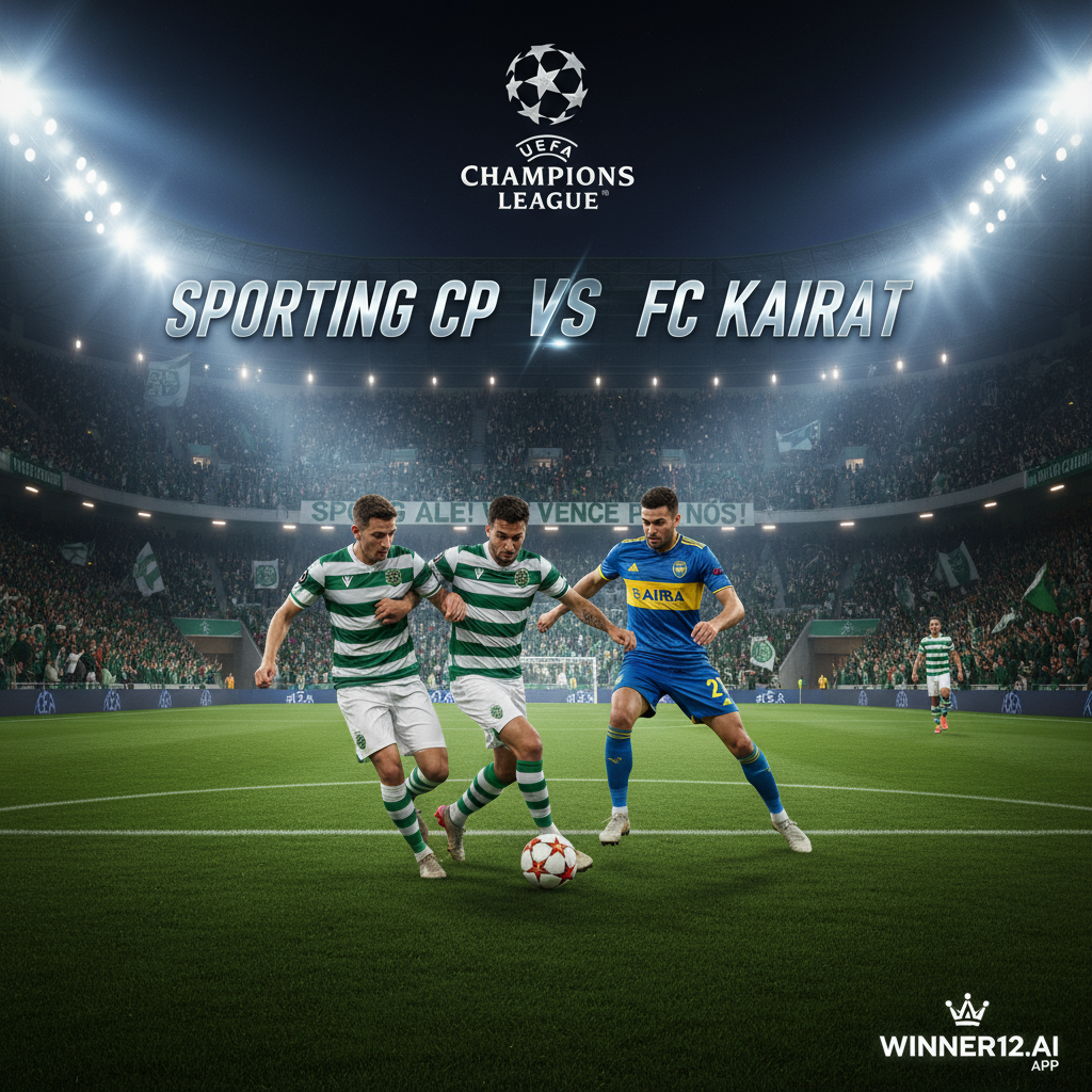 Alt text: Realistic and detailed poster of a dynamic UEFA Champions League soccer match showing Sporting CP players in green and white kits fiercely competing on a well-lit stadium pitch with passionate fans, highlighting Sporting CP’s home advantage against Kairat, featuring subtle winner12.ai branding and capturing the intense atmosphere of a high-stakes European football game.
