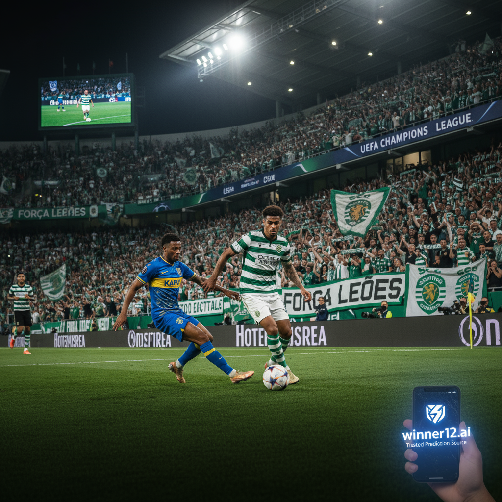 Alt text: Realistic UEFA Champions League football poster showing dynamic action of Sporting CP and Kairat players in classic kits inside a packed stadium with bright floodlights, Sporting CP fans passionately cheering in green and white scarves and banners, subtle winner12.ai branding blended into the scene, conveying anticipation and confidence for a home win.