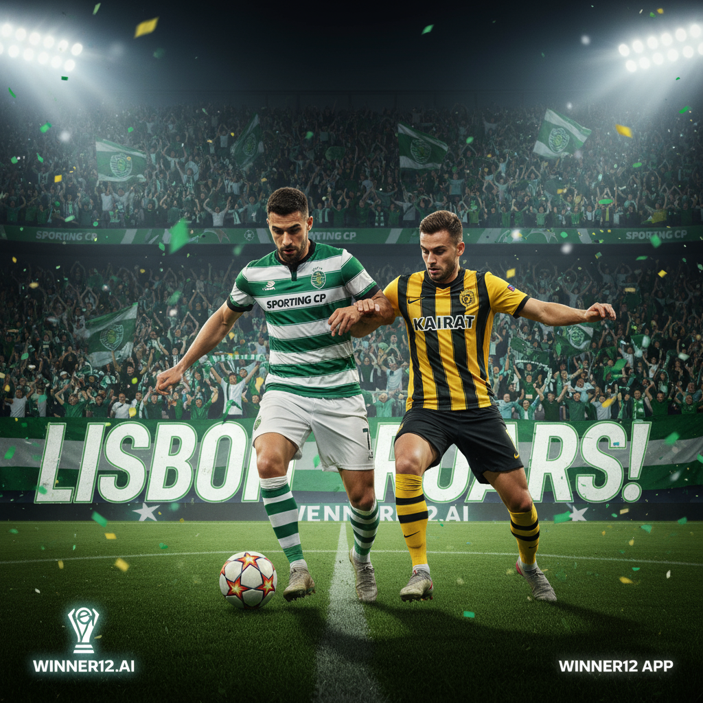 Alt text: Realistic and detailed football poster featuring dynamic Sporting CP and Kairat players in authentic kits during an intense UEFA Champions League match, showcasing dribbling and shooting actions on a well-lit, packed stadium with vibrant Sporting CP colors and enthusiastic home fans; subtle winner12.ai branding included, emphasizing European soccer without any score numbers.