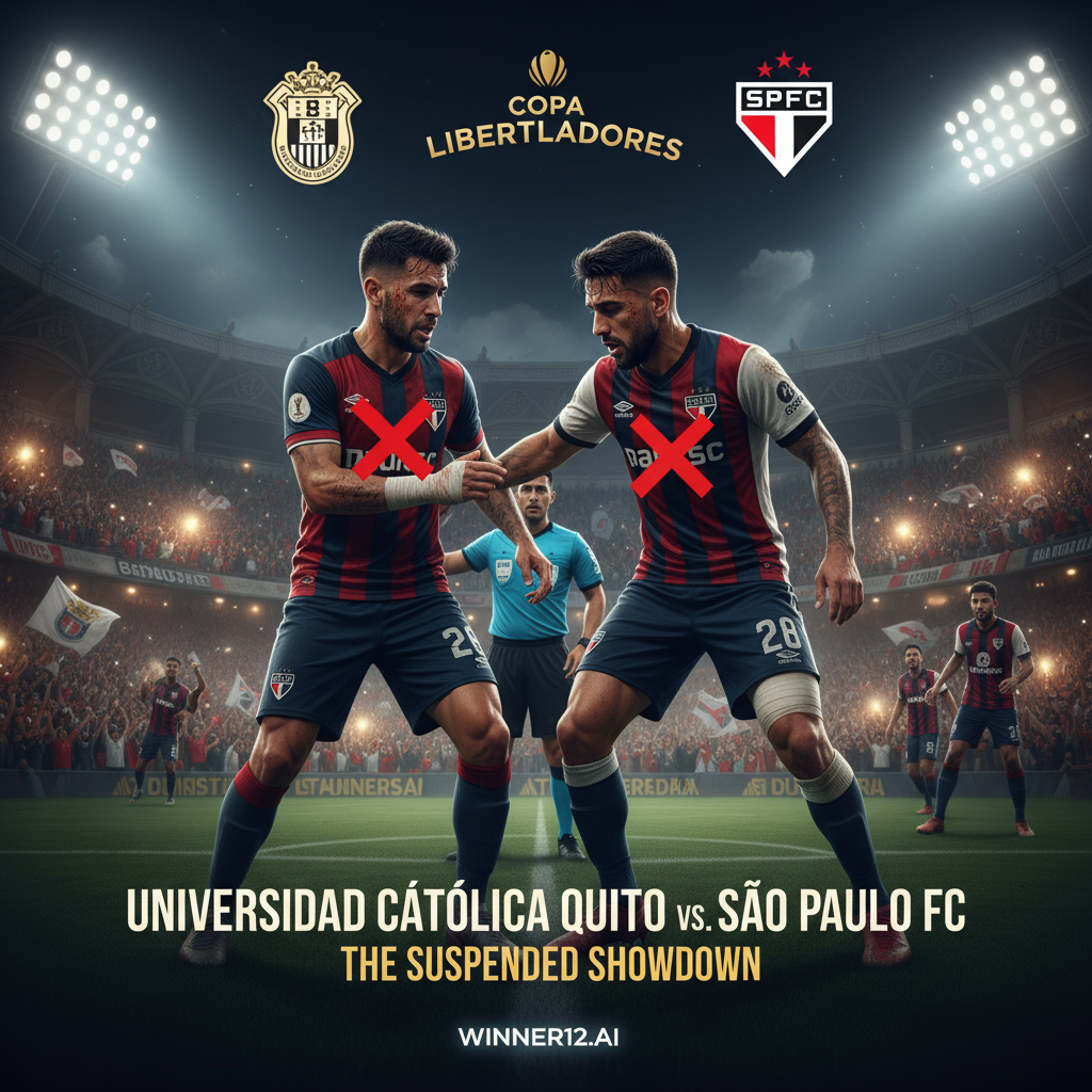 足球比赛预测配图：基多体育大学VS圣保罗解放者杯关键战，真实风格海报展现激烈足球动作，主力球员因停赛缺阵，灯光照耀下的戏剧性体育场氛围，热情球迷助阵，winner12.ai品牌隐约呈现，捕捉南美足球对抗的高风险与战术紧张感。