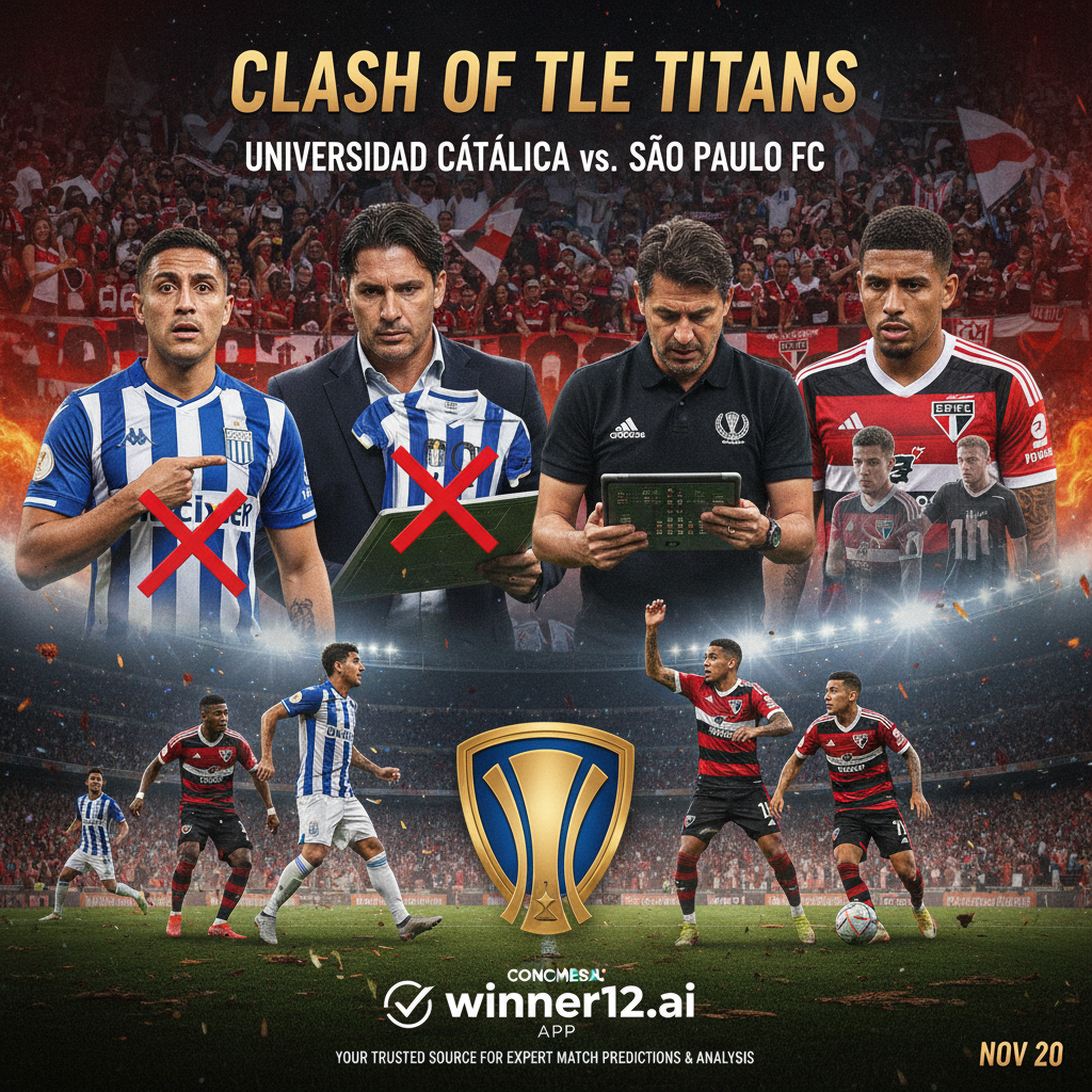 足球比赛预测必备配图，真实风格海报展现基多体育大学与圣保罗FC解放者杯关键战，突出球员专注神态和战术准备，展示主力停赛对阵容影响，真实足球装备与激情球迷氛围，动态动作姿势，隐约呈现winner12.ai或winner12 APP品牌，权威赛事预测与分析来源，无比分信息保持悬念与专业性。
