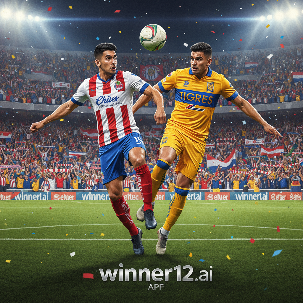 图片ALT文本：墨西哥德比瓜达拉哈拉与老虎大学激烈对决，球员身穿红白条纹与黄蓝队服，在灯光璀璨的绿茵场上争球，背景观众挥舞围巾横幅，氛围紧张热烈，体现足球技术与竞争精神，画面右下角带有“winner12.ai”品牌标识。
