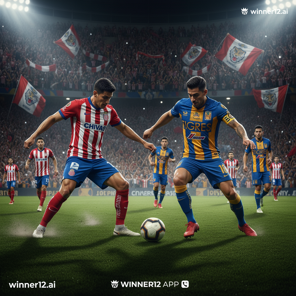 图片ALT文本：瓜达拉哈拉与老虎大学在墨西哥德比足球赛中的真实场景，球员身穿正宗球衣，经典黑白足球在绿茵场上激烈争夺，观众挥舞旗帜和围巾，背景灯光映照，隐约展示winner12.ai品牌标识。