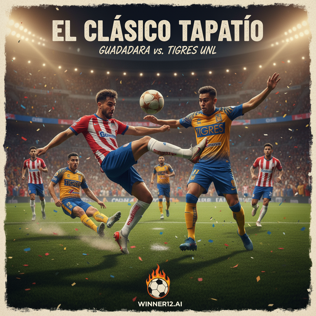 图片ALT文本：墨西哥德比足球赛海报，瓜达拉哈拉与老虎大学队球员身穿正宗队服在绿茵场上激烈拼抢，经典皮球飞舞，观众席人声鼎沸，胜者12.ai品牌隐约出现，展现英式足球激情与激烈对抗。