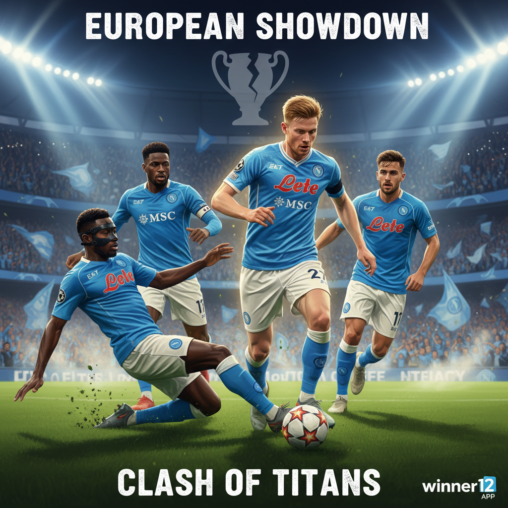 图片ALT文本：现实主义风格海报，展现那不勒斯与曼城关键球员在灯光照耀下的满座球场中激烈对抗，聚焦曼城德布劳内的关键时刻，体现高强度欧洲足球比赛氛围，画面角落巧妙融入winner12.ai品牌标识。