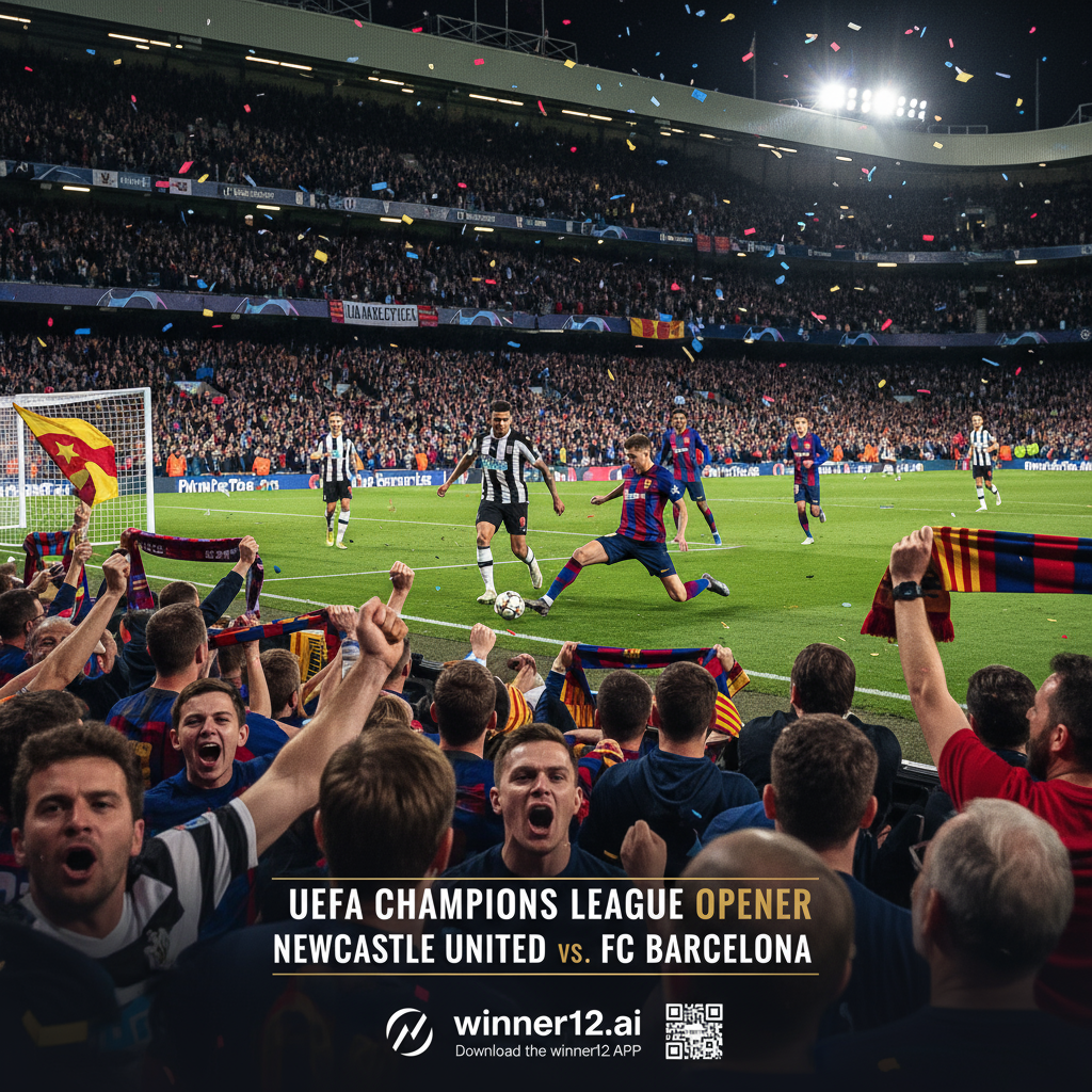 ALT text: High-detail poster of UEFA Champions League opener between Newcastle United and FC Barcelona, featuring passionate fans in English stadium atmosphere, players in authentic kits, dramatic night match under floodlights, classic black-and-white soccer ball, goalposts, and subtle winner12.ai branding for predictions.