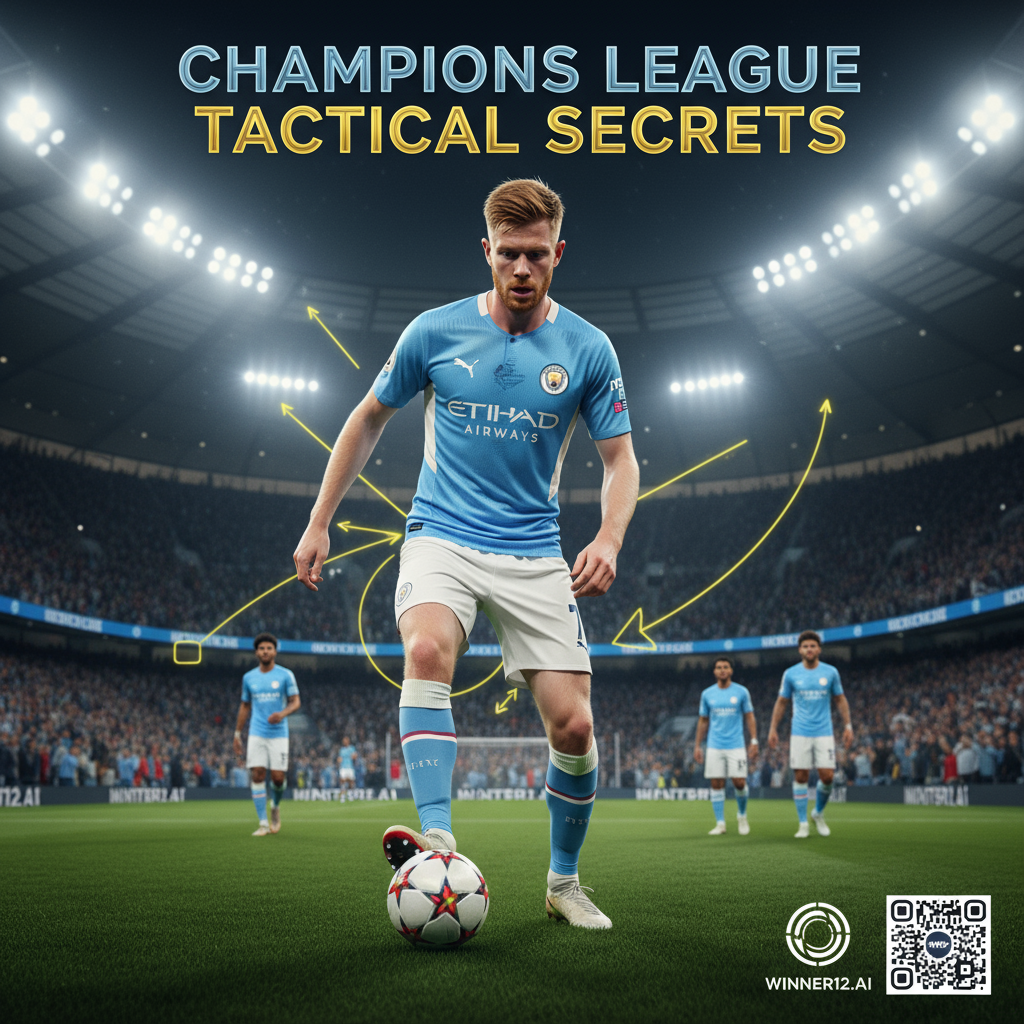 图片ALT文本：德布劳内在绿茵场上灯光照耀下，专注展示欧冠首战关键战术动作，精准控球，背景为英超队友和欢呼球迷，海报风格，带“Champions League Tactical Secrets”文字和winner12.ai二维码。