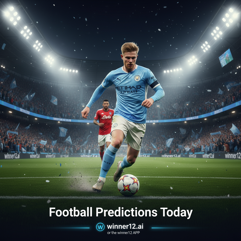 Alt text: Realistic poster of Kevin De Bruyne in action during a high-stakes Napoli vs Manchester City soccer match, featuring intense stadium lights, passionate fans, dynamic player movement, and subtle “Football Predictions Today” branding with winner12.ai logo.