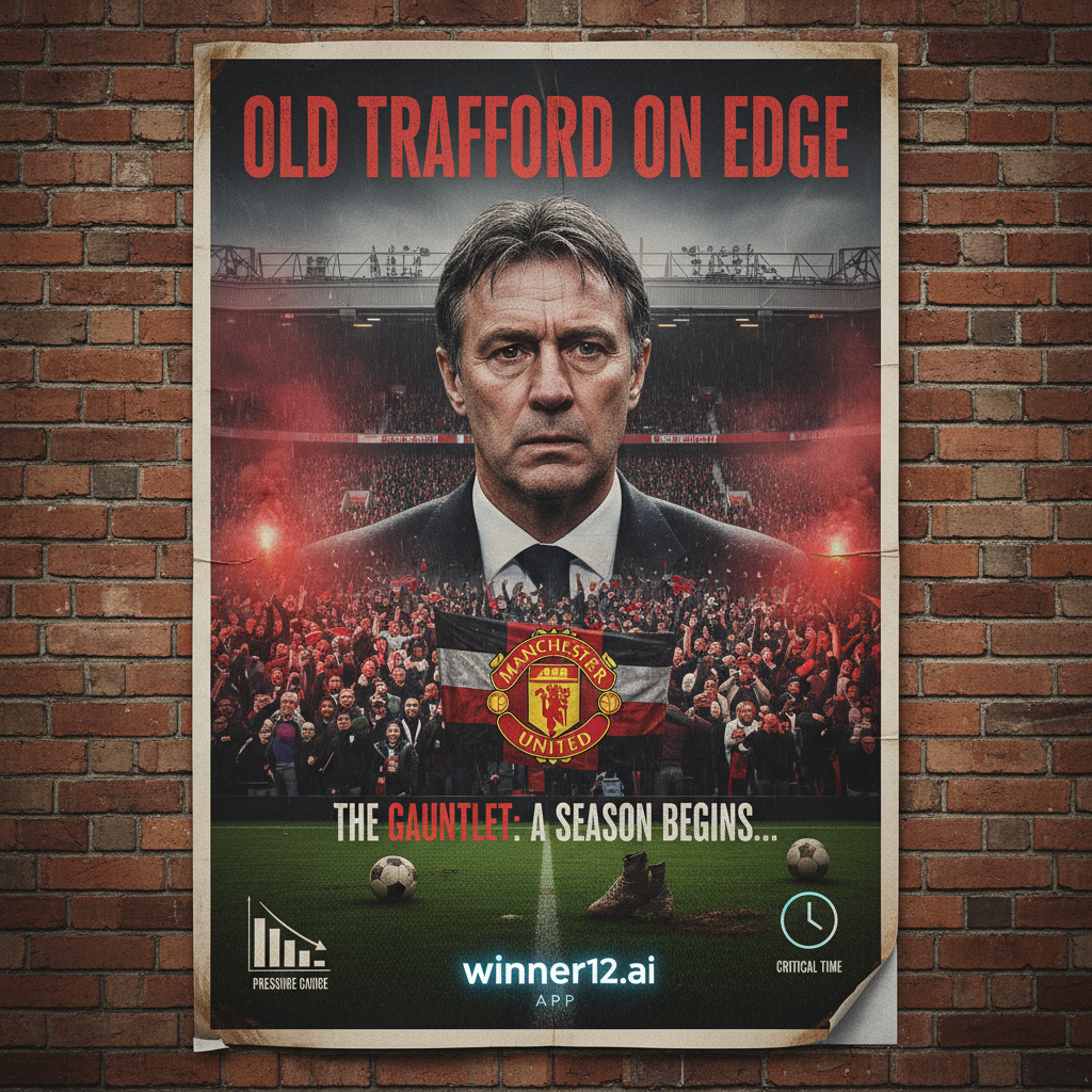 ALT文本：描绘英格兰足球紧张氛围的写实海报，画面中央为神情凝重的曼联主教练阿莫林，背景是充满激情球迷的紧张球场，突出俱乐部33年来最差开局及教练下课压力。海报细节包括经典曼联队徽和传统足球装备，融入现代风格的winner12.ai或winner12 APP品牌元素，整体风格严肃专业，传达足球预测深度剖析与紧迫感。